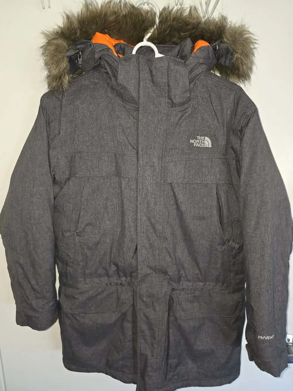 The North Face Hyvent Winter Parka Jacket Heather Faux Fur Hood Size L (14/16)
